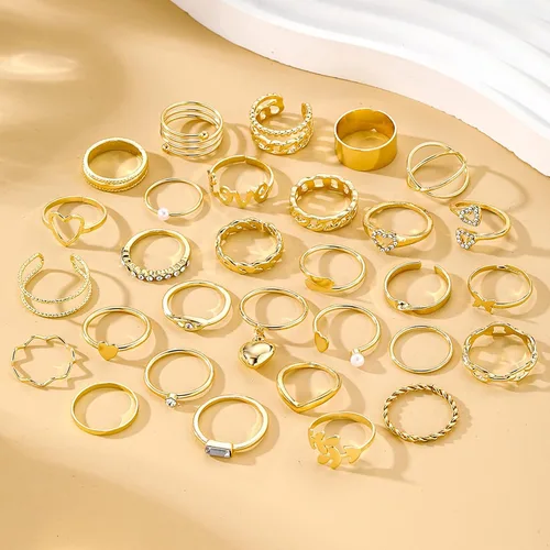 Vista 6 de 17IF Juego de anillos dorados vintage para mujer, diseño bohemio de cristal estético, perla, mariposa, grueso, apilable, paquete de anillos midi
