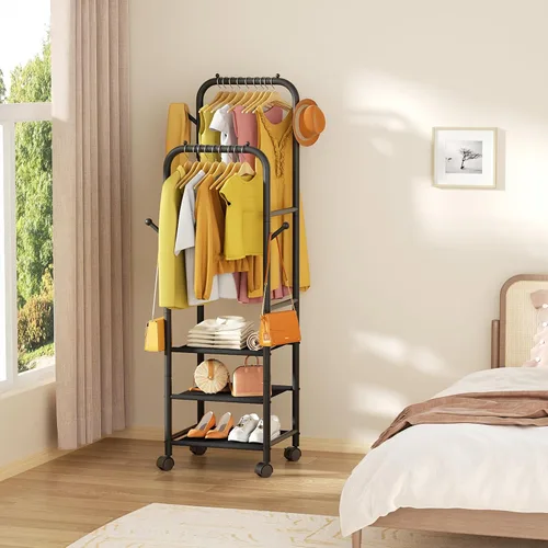 Vista 7 de Furologee - Percheros enrollables para colgar ropa, con dobles varillas, con ruedas, perchereros resistentes, perchero metálico portátil