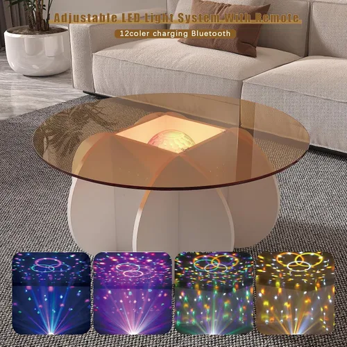Vista 7 de HedoAjim Mesa de centro redonda LED con parte superior de cristal, mesa central con almacenamiento para sala de estar, espacios pequeños, oficina
