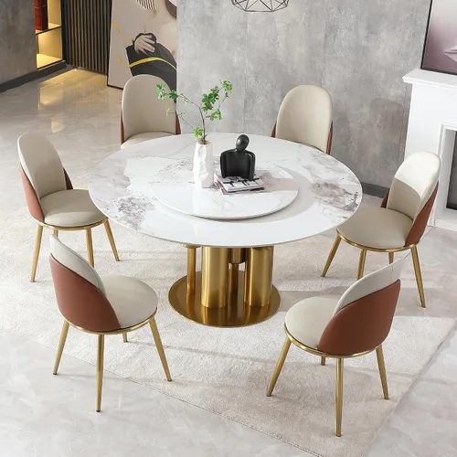 Vista 14 de Juego de mesa de comedor redonda de 9 piezas, moderna mesa de cocina de piedra sinterizada de 59 pulgadas con plato giratorio redondo de 31.5