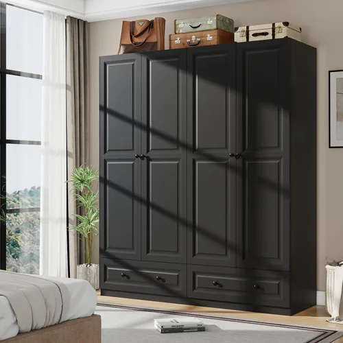 Vista 9 de Armario Armario con cajones: Armario de madera alto negro de 74 pulgadas para colgar ropa, Armarios grandes para dormitorio con 2 cajones, armario