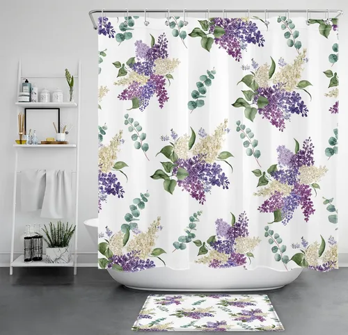 Vista 9 de EOBTAIN Cortina de ducha floral púrpura para baño, flores de acuarela y hojas de eucalipto verde sobre beige, cortina de ducha con 10 ganchos, juego
