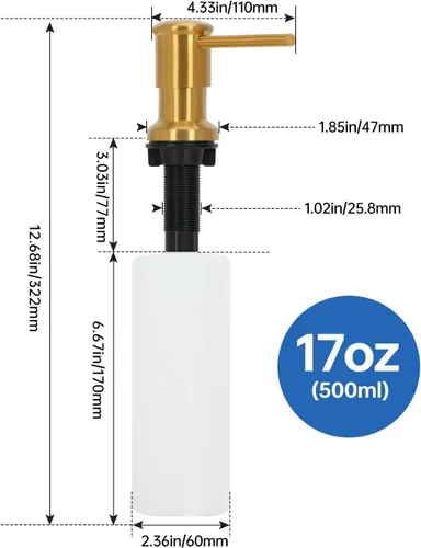 Vista 2 de Dispensador de jabón de acero inoxidable dorado para fregadero de cocina, dispensador de jabón con bomba integrada de oro cepillado, dispensador