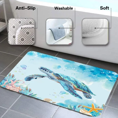 Vista 4 de Alfombra de baño de tortugas marinas, alfombra de baño antideslizante con concha marina subacuática, accesorios de baño, tapete de ducha de animales