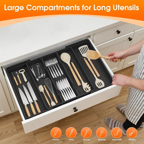 Vista 3 de Organizador grande de cubiertos, organizador de cajones de utensilios expandible para cajones de cocina, organizador de cajones de cocina