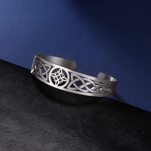 Vista 3 de Dreamtimes Pulsera de nudo de bruja para mujer, de acero inoxidable, ajustable, abierta, celta, cuaternario, Wicca, pulsera de nudo de brujas