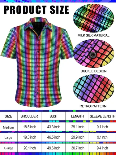 Vista 3 de Mepase 6 piezas de lentejuelas metálicas de los años 70 para hombre, disfraz de discoteca, accesorios, camisa brillante, pantalón, peluca afro