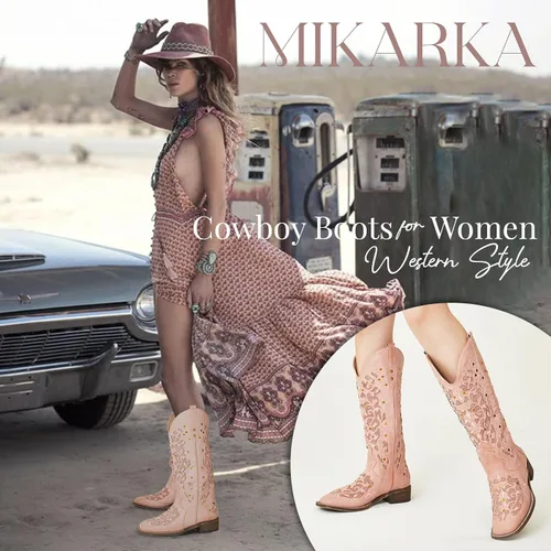 Vista 5 de mikarka Botas vaqueras para mujer, con tachuelas bordadas, botas vaqueras de media pantorrilla, botas occidentales de meter, punta cuadrada, tacón