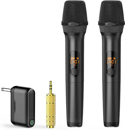 Vista 8 de Micrófono inalámbrico, sistema de micrófono dinámico inalámbrico de metal dual UHF de mano con receptor recargable, rango de 200 pies, para karaoke