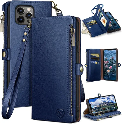 Vista 14 de XcaseBar Funda tipo cartera compatible con iPhone 13 Pro de 6.1 pulgadas con cremallera y tarjetero de crédito con bloqueo RFID, funda de piel