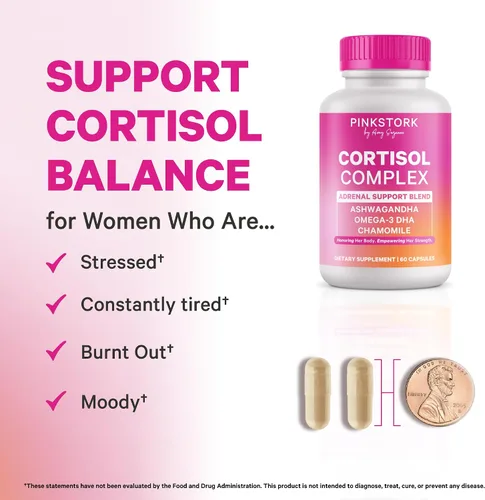 Vista 3 de Pink Stork Suplementos de cortisol para mujeres, apoyo suprarrenal adaptogénico y administrador del estrés con Ashwagandha orgánica, Omega 3