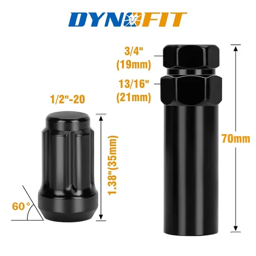 Vista 2 de dynofit Tuercas de rueda de 1/2x20, 4 tuercas de orejeta cromadas negras de 1/2''-20 del mercado de accesorios con 1 llave, asiento cónico/cono