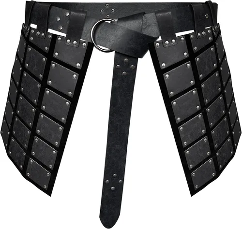 Vista 2 de HiiFeuer Armadura medieval de piel sintética para muslo, armadura retro de cintura de doble cara con cinturón, falda de mercenario y caballeros