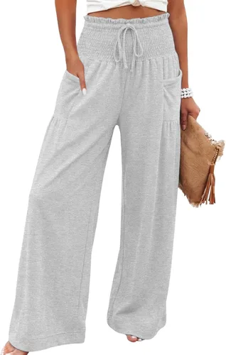 Vista 9 de Athlisan Pantalones palazzo holgados de pierna ancha para mujer, estilo casual, bohemio, fruncido, cintura alta, pantalones de descanso, playa