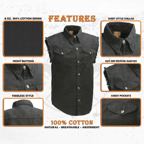 Vista 2 de Milwaukee Leather DM1002 Camisa vaquera ligera negra para hombre con corte deshilachado sin mangas