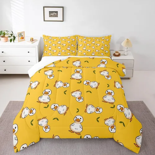 Vista 17 de Erosebridal Juego de ropa de cama a cuadros azul para niños, juego de cama individual con diseño de patos amarillos de dibujos animados, juego