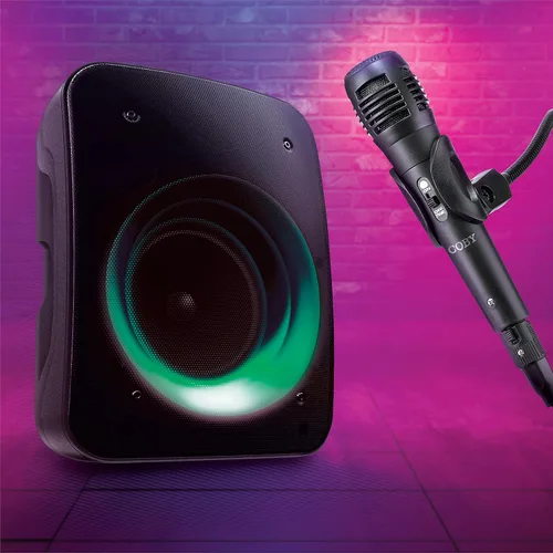 Vista 6 de Coby Altavoz Bluetooth inalámbrico, altavoz portátil con 11 modos de luz LED, entrada de micrófono integrada y radio FM para uso en exteriores