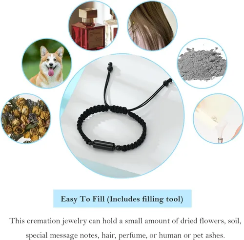 Vista 5 de Hearbeingt Pulsera de urna de cremación para cenizas de cuerda ajustable, pulsera cilíndrica para cenizas para hombres y mujeres, pulsera