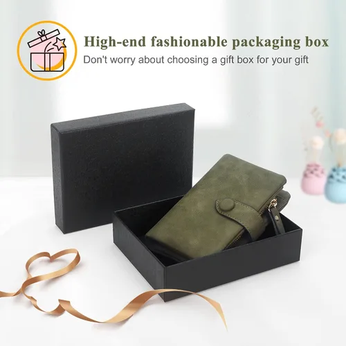 Vista 7 de Billeteras con bloqueo RFID para mujer, de gran capacidad, de cuero suave, cartera pequeña con correa para la muñeca, Verde oliva, Casual