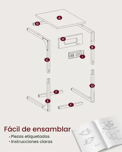 Vista 6 de VASAGLE Mesa auxiliar en forma de C, mesa auxiliar con estación de carga, mesa C para sofá, sillón, pies ajustables, para dormitorio, sala de estar
