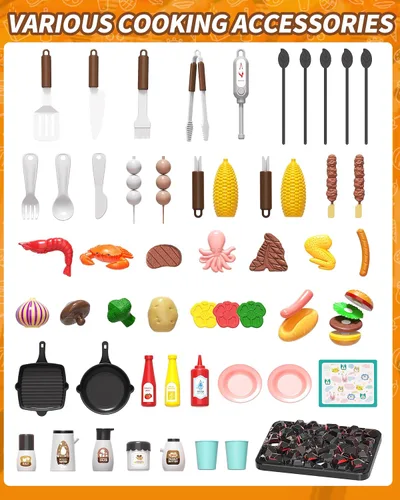 Vista 2 de 60 piezas Parrilla de Barbacoa para Niños con Sonido de Humo y Luz, Set de Juego de Cocina para Niños de 4 a 8 Años, Juguetes de Cocina de Barbacoa