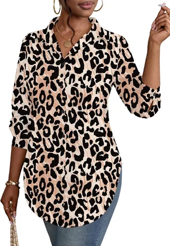 Vista 29 de Rooscier Blusa larga con cuello en V para mujer, manga larga, abertura lateral, con botones