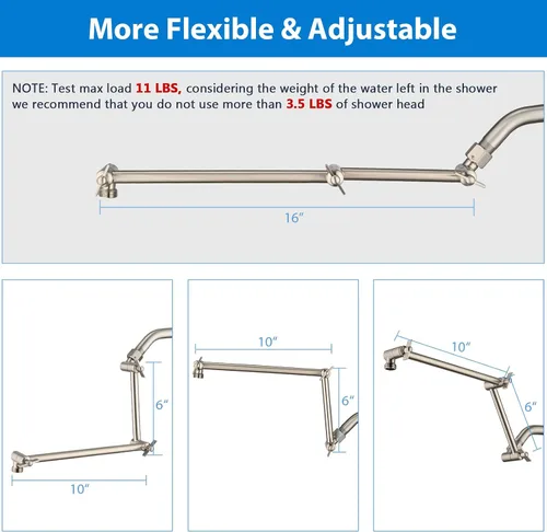 Vista 7 de PDPBath Brazo de extensión de cabezal de ducha de latón de 16 pulgadas, extensor de brazo de ducha ajustable en altura y ángulo flexible con juntas