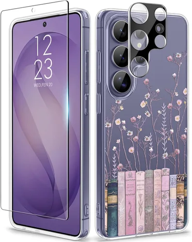 Vista 73 de GVIEWIN Funda protectora para Samsung Galaxy S25, transparente floral, delgada, a prueba de golpes, para mujer, no se pone amarilla, con protector