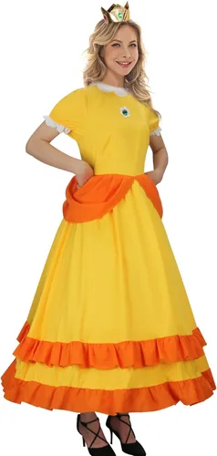 Vista 2 de ZIFUNMUR Disfraz de princesa de margarita melocotón para mujer, con corona, vestido de Super Brothers para adultos, vestido de baile de Halloween