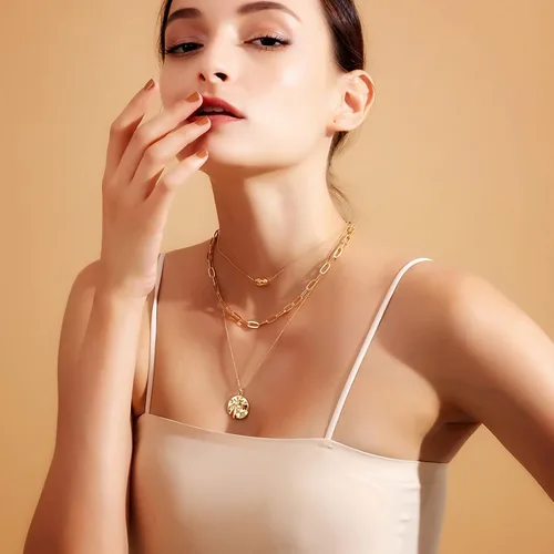 Vista 3 de Jewlure Collar chapado en oro de 18 quilates, collar con colgante en capas de moda, regalo para mujeres y niñas, chapado en oro, No es una piedra