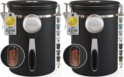 Vista 18 de Veken Recipiente de café con ventana, recipiente hermético de almacenamiento de alimentos de cocina de acero inoxidable con tapas, rastreador