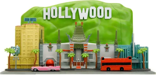 Vista 4 de Jada Nano Hollywood Rides Paseo de la Fama Diorama con letrero de Hollywood y 2 vehículos