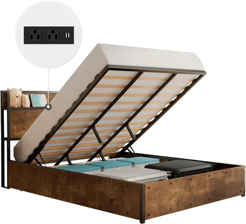 Vista 8 de LUXOAK Cama de almacenamiento elevable de tamaño matrimonial, marco de cama de plataforma de madera con cabecera de almacenamiento y estación