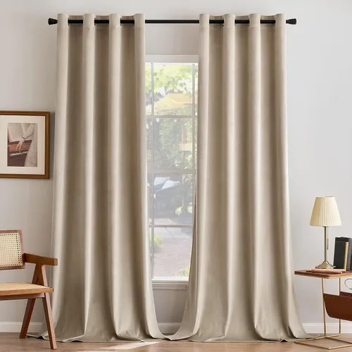 Vista 54 de ANRODUO Cortinas de terciopelo beige de 45 pulgadas de largo, opacas con aislamiento térmico insonorizado, cortinas de privacidad para oscurecer
