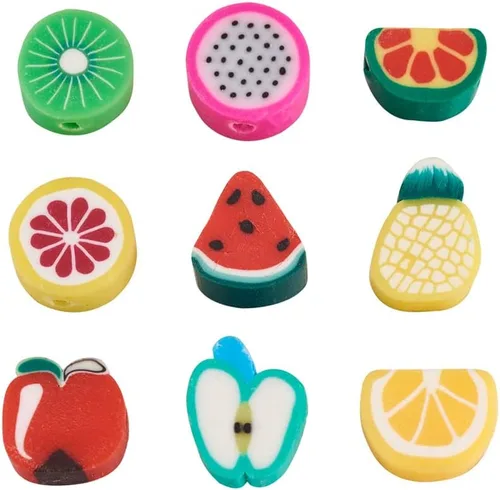 Vista 15 de Cuentas de arcilla polimérica hechas a mano con forma de fruta mixta, cuentas sueltas de color mixto, cuentas espaciadoras para hacer joyas