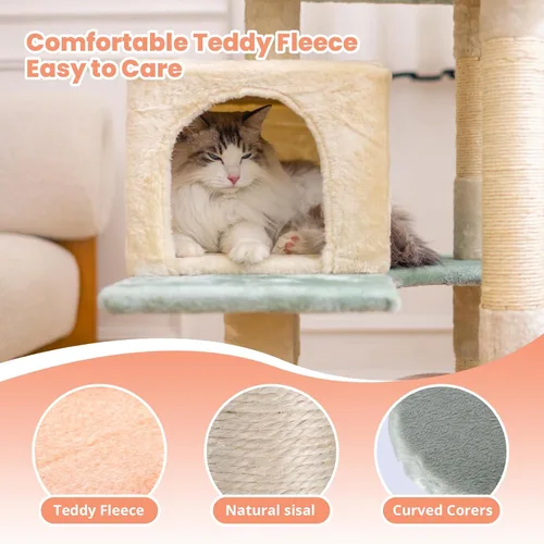 Vista 5 de HYABi - Árbol para gatos de 53 pulgadas con flores, casa de gatos de varios niveles con postes para rascar y juguetes, diseño fresco