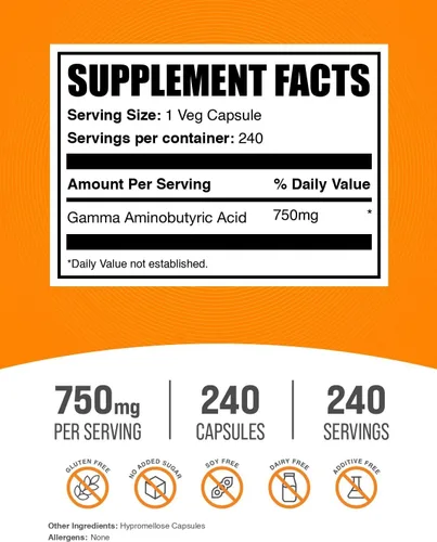 Vista 2 de BulkSupplements. Com Gamma - Cápsulas de ácido aminobutírico - Suplemento GABA, GABA 750 mg, vegano y sin gluten, 1 cápsula por porción, 240