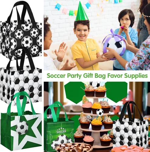 Vista 6 de Kigeli 60 bolsas de golosinas de fútbol, bolsas de regalo de fiesta de fútbol, reutilizables, no tejidas, bolsas de dulces con asas para fiesta