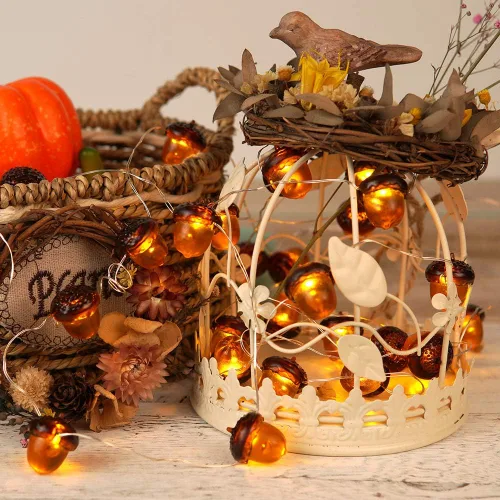 Vista 6 de BOHON - Cadena de luces de bellota 3D para otoño, decoración de cosecha, luces de cadena de 10 pies, funciona con baterías, con control remoto