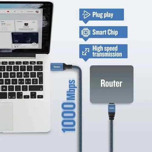 Vista 2 de Cable USB C a Ethernet, cable tipo C a RJ45 de 2 pies, cable USB C a Gigabit Ethernet compatible con Thunderbolt 3/4, conectado directamente a
