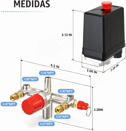 Vista 2 de MEANLIN MEASURE Válvula de control del interruptor de presión del compresor de aire 90-120 PSI 110V-240V Piezas de repuesto con manómetro de presión