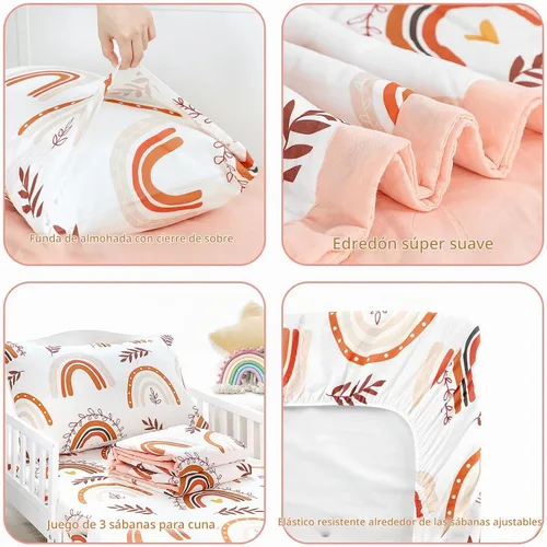 Vista 3 de Pea Pod Juego de ropa de cama de muselina para niños pequeños arcoíris de 3 piezas - Ropa de cama suave y transpirable para cuna con sábana