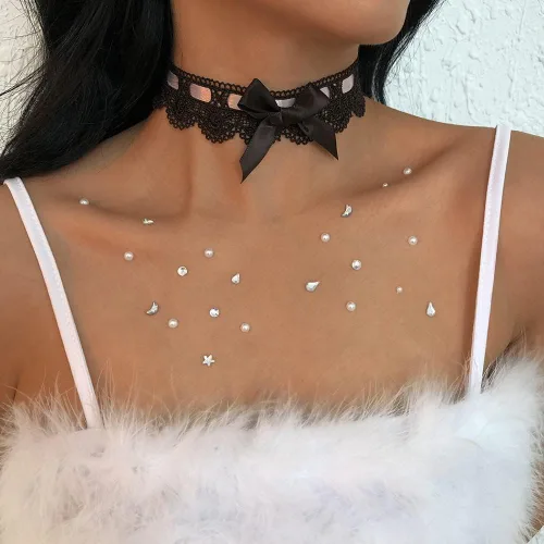 Vista 2 de Asphire Gargantilla sexy de encaje con nudo de lazo, gargantilla Kawaii Lolita Corazón Flor Gargantilla Tie Cravat Joyería Regalo para Mujeres Niñas