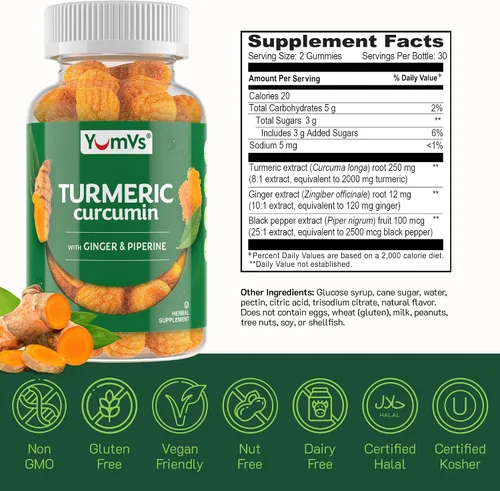 Vista 5 de Gomitas de extracto de cúrcuma de curcumina – Gomitas extra fuertes de suplemento de cúrcuma de 250 mg con 100 mcg de pimienta negra y 12 mg