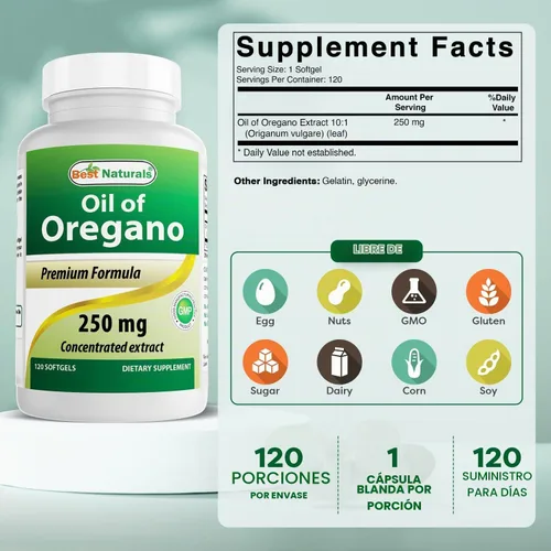 Vista 2 de Best Naturals Aceite de orégano 250 mg cápsulas blandas, 120