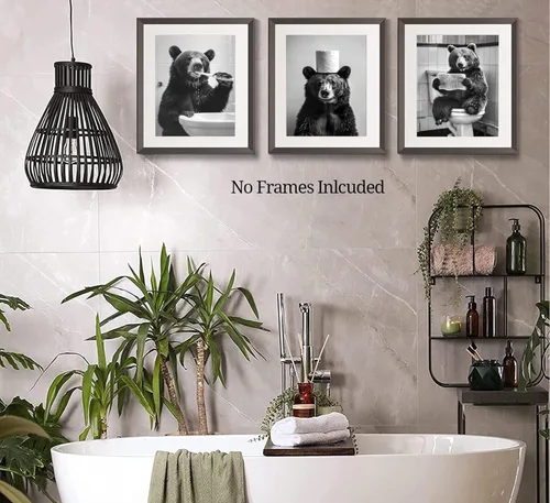 Vista 8 de Divertido lienzo de oso negro para baño, arte de pared moderno en blanco y negro, imágenes de adorable oso con impresiones de papel higiénico, obras