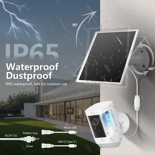 Vista 4 de Cargador de panel solar de 6 W para cámaras de seguridad exteriores. Micro USB/USB - C/DC (35 * 135) Compatible con cámaras Eufy/Wyze/Ring, cable