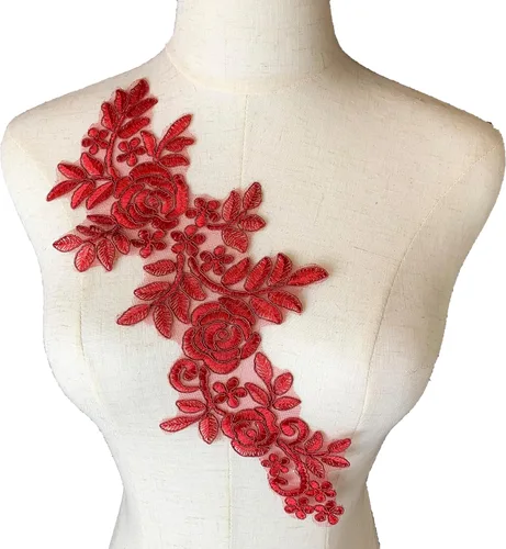 Vista 2 de Worlds 1 par de parches de tela de encaje burdeos bordado apliques de encaje motivo floral vestido de novia costura adornos decoración 13.8 x 5.7 in