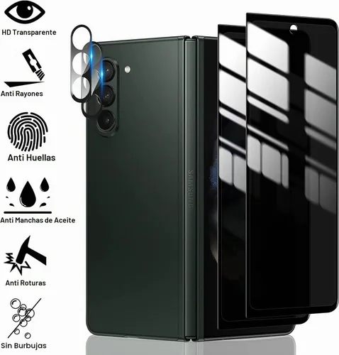 Vista 3 de 2 protectores de pantalla frontal de vidrio templado de privacidad compatibles con Samsung Galaxy Z Fold 5 + 2 protectores de lente de cámara