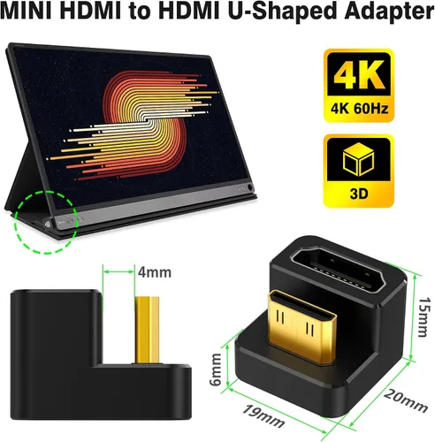 Vista 5 de AGVEE Adaptador Angular de 180 Grados USB-C a USB-C y Convertidor Mini HDMI a HDMI en Forma de U con Lado Largo Hacia Adentro, HDMI 2.0 4k@60HZ